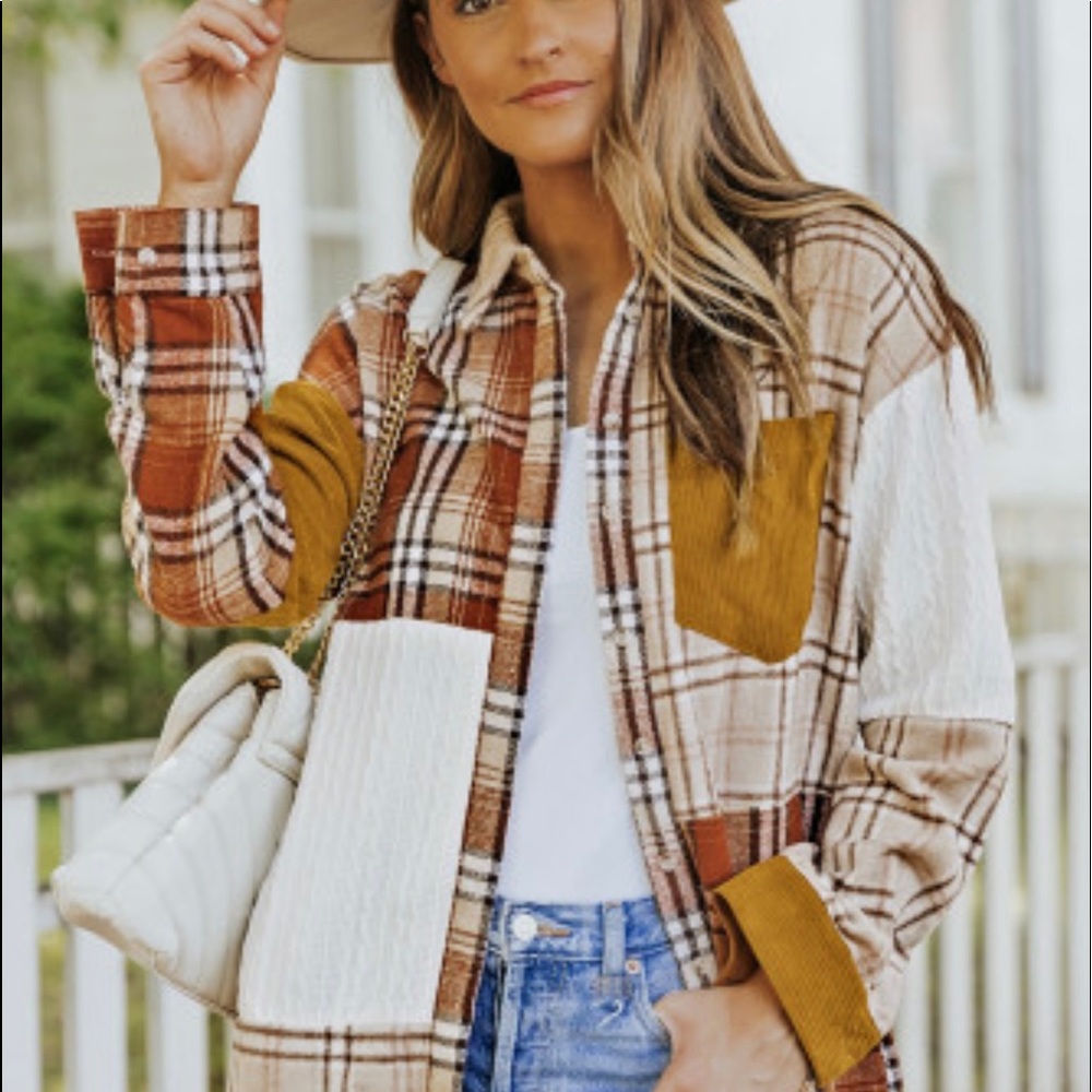 Orange Plaid Color Block Shirt Jacket